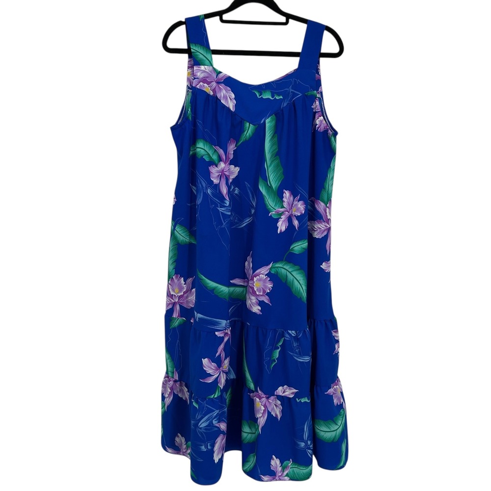 Royal Palm Hawaii Blue Floral Muumuu Dress L Sleeveless Maxi‎ USA Made